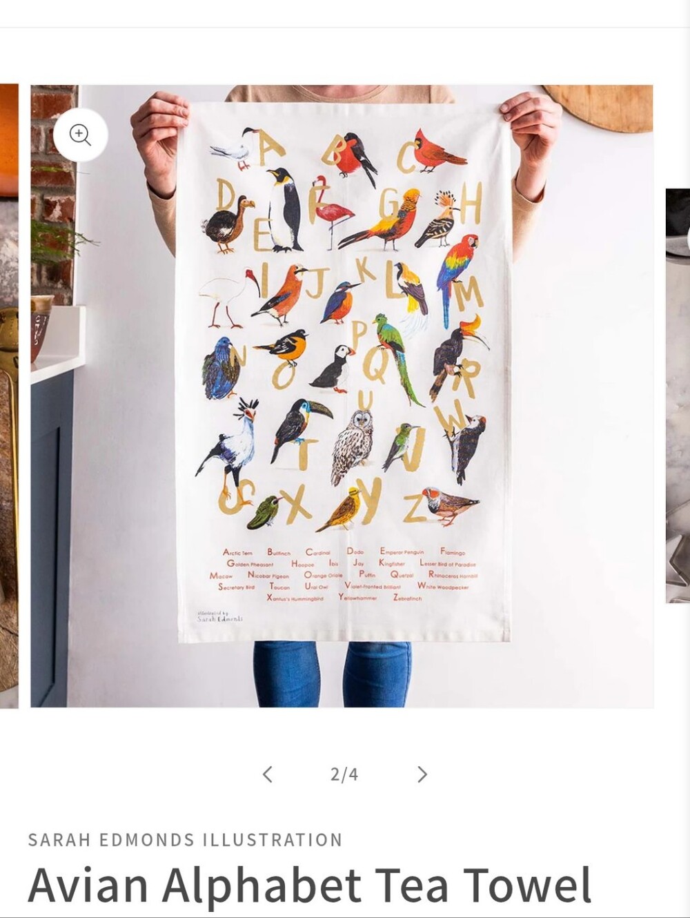 Avian Alphabet Tea Towel - White with Multicolor Bird Prints